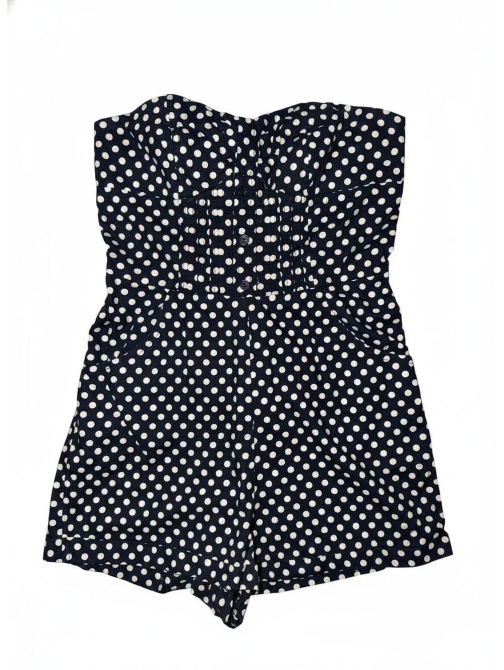 Navy and White Polka Dot Retro Inspired Strapless Romper Medium